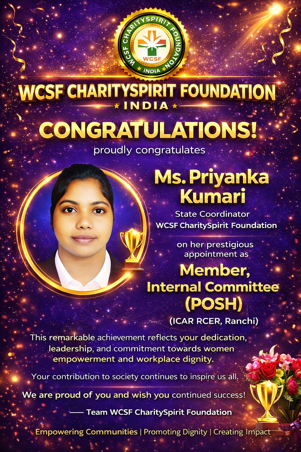 A Proud Moment for WCSF CharitySpirit Foundation: Ms. Priyanka Kumari Appointed as POSH Committee Member at ICAR-RCER, Ranchi and KVK Ramgarh